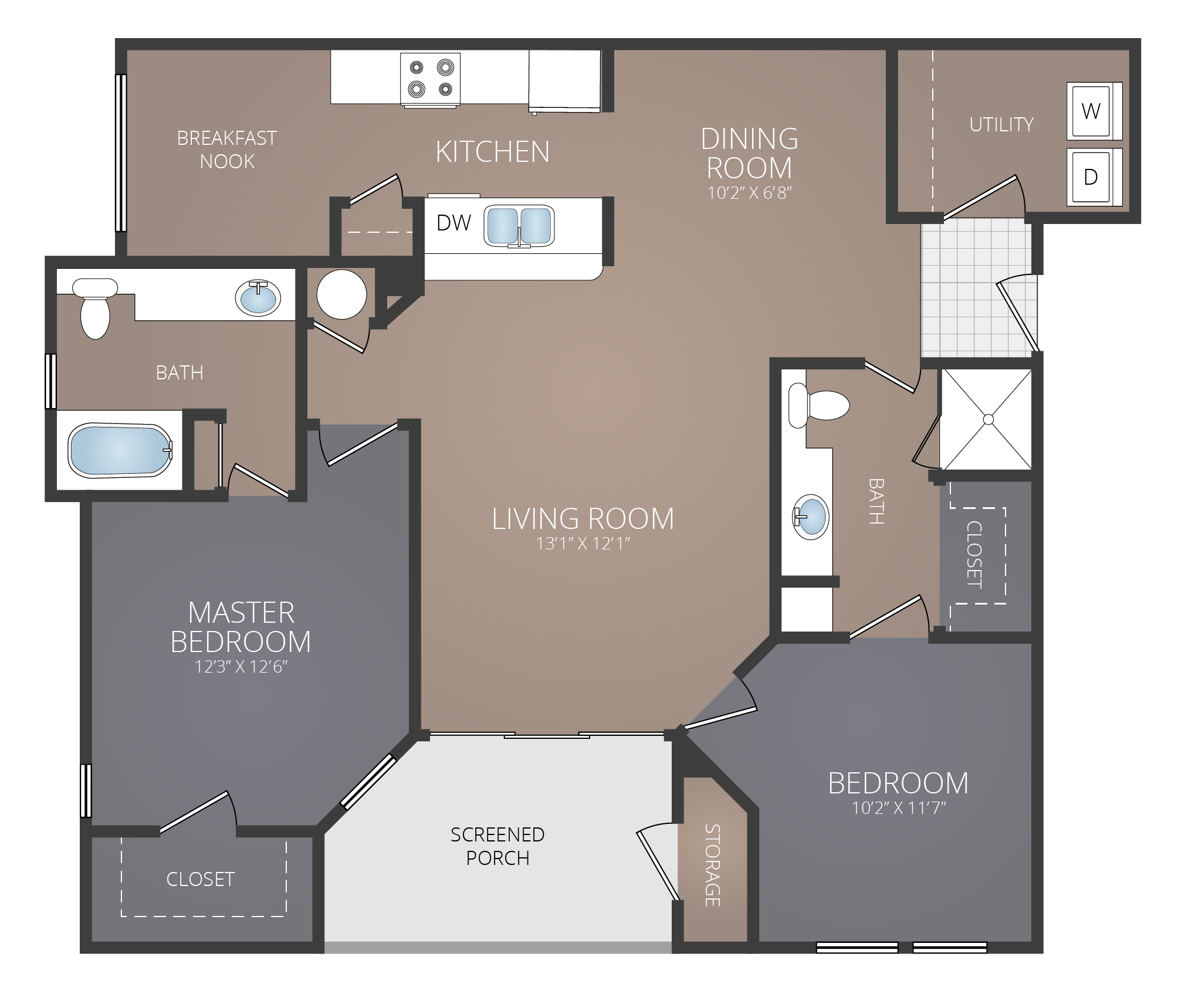 Floor plan for 2 beds, 2 baths, 1200 sqft